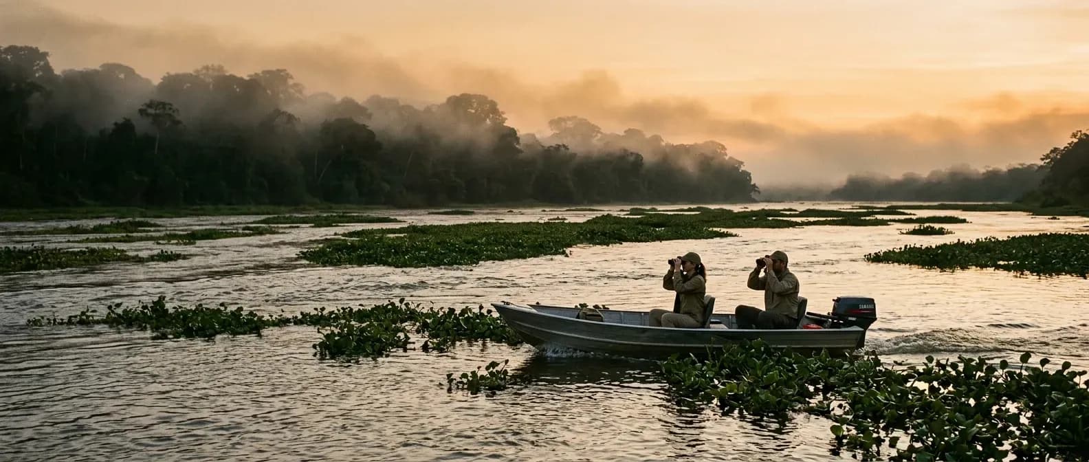El Rio Paraguay a primera luz, una lancha cruzando el canal