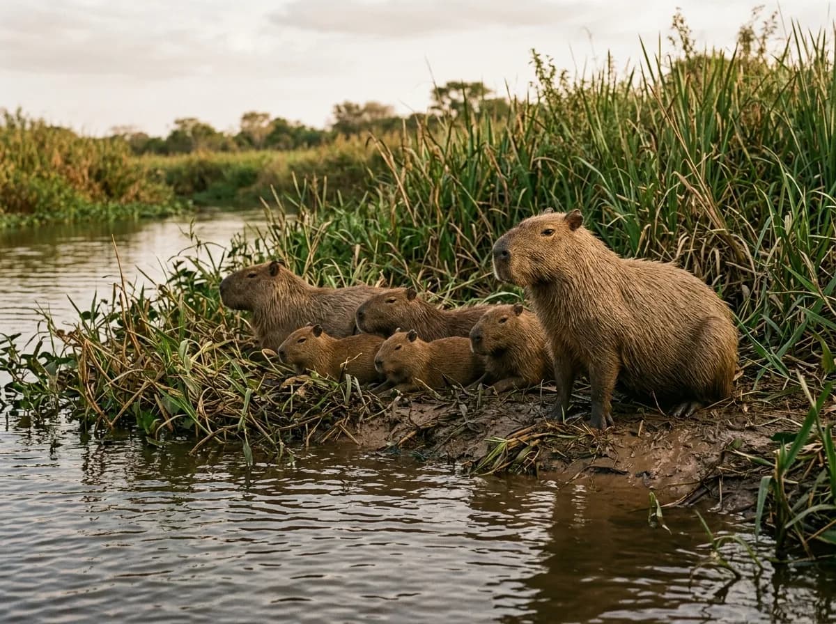 Familia de carpinchos en la barranca