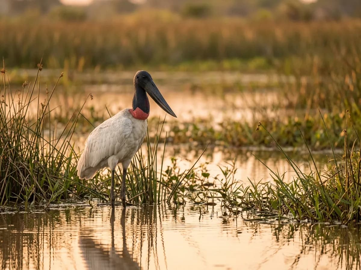 Jabiru en un humedal a la hora dorada